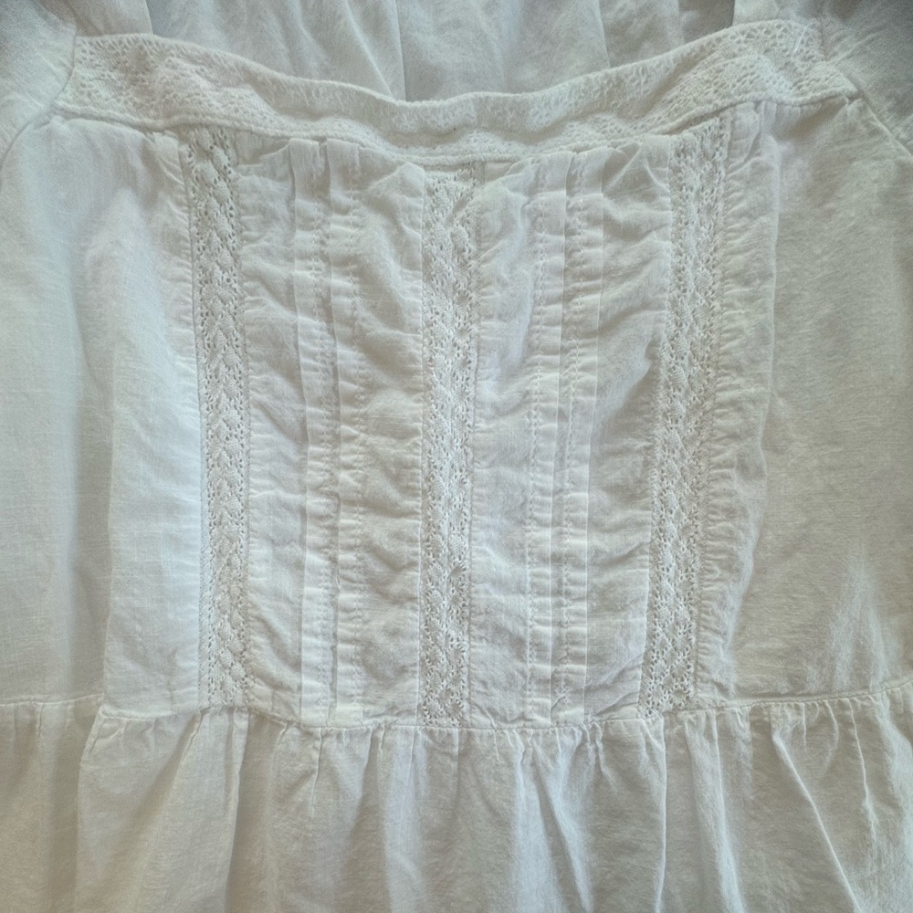 LOFT White Cotton Short Puff Sleeve Crochet Details Boho Peasant Tiered Top M - Picture 6 of 9